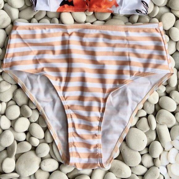 Bikini Set Peach Stripes Floral Halter Top - Picture 9 of 10